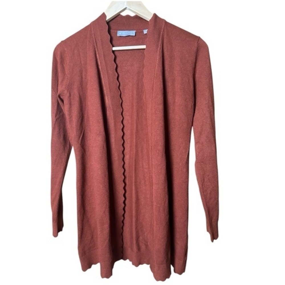 New Evolution Cyrus Scallop Open Front Cardigan Small Petite Burnt Orange NWOT